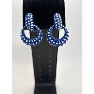 Vintage 1980's Retro Enamel Blue Polka Dot Clip On Earrings Gold Tone Finish